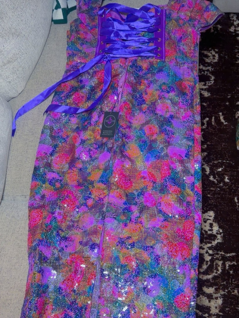 Vibrant Purple Floral Sequin Midi Skirt with Lace-Up Waist